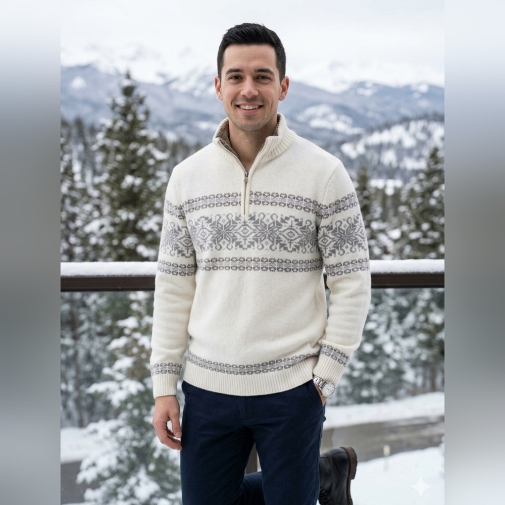 Method Men's Fair Isle 1/4 Zip Sweater Cream Gray Large Winter Nordic Knit